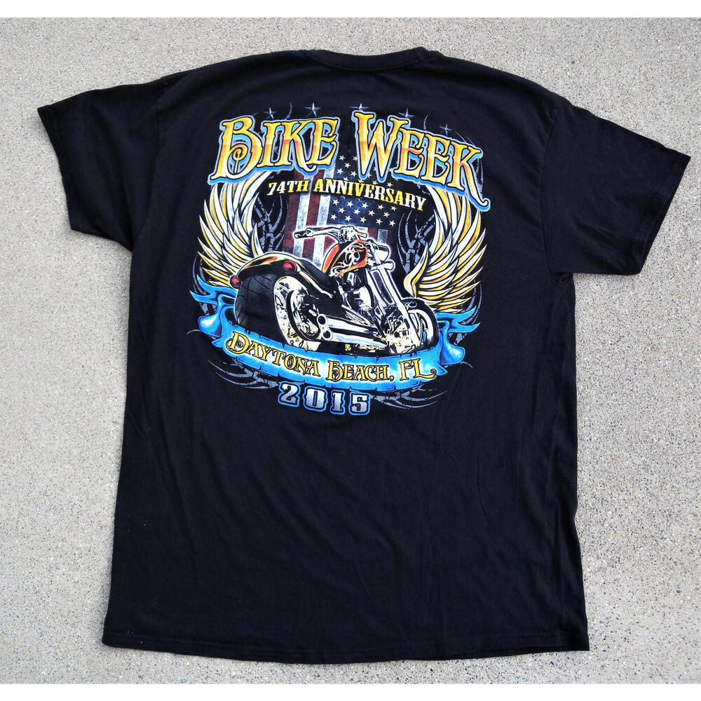2015 Daytona Beach FL Bike Week 74th Anniversary Mens Black T-Shirt Size Large